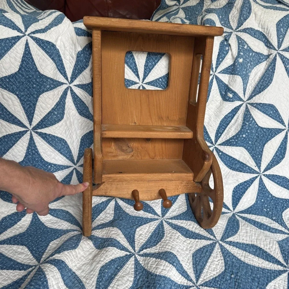 Vintage Rustic Wooden Carriage Stagecoach Wall Shelf with Hanging Pegs Brown